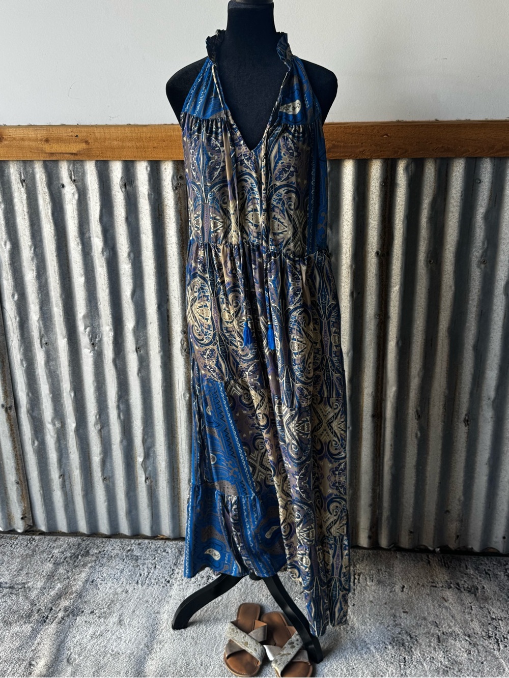 Panini Blue and Cream Paisley Halter Maxi Dress
